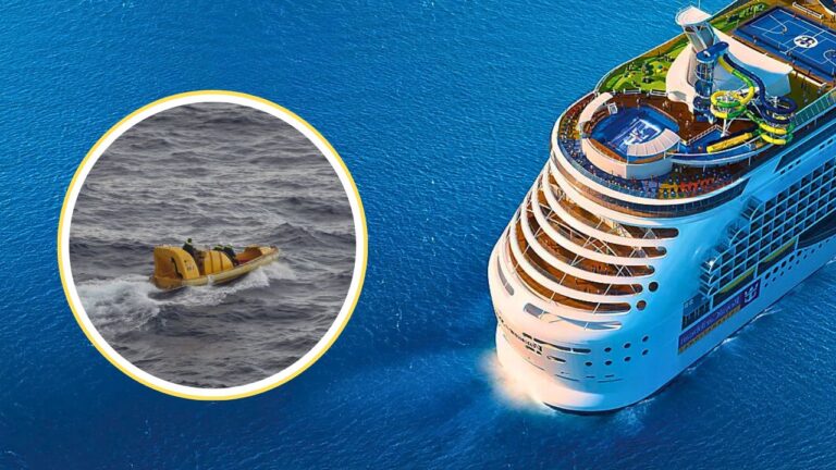 A large Royal Caribbean cruise ship sails in clear blue water; a circular inset displays a smaller yellow rescue boat navigating choppy seas near Africa.