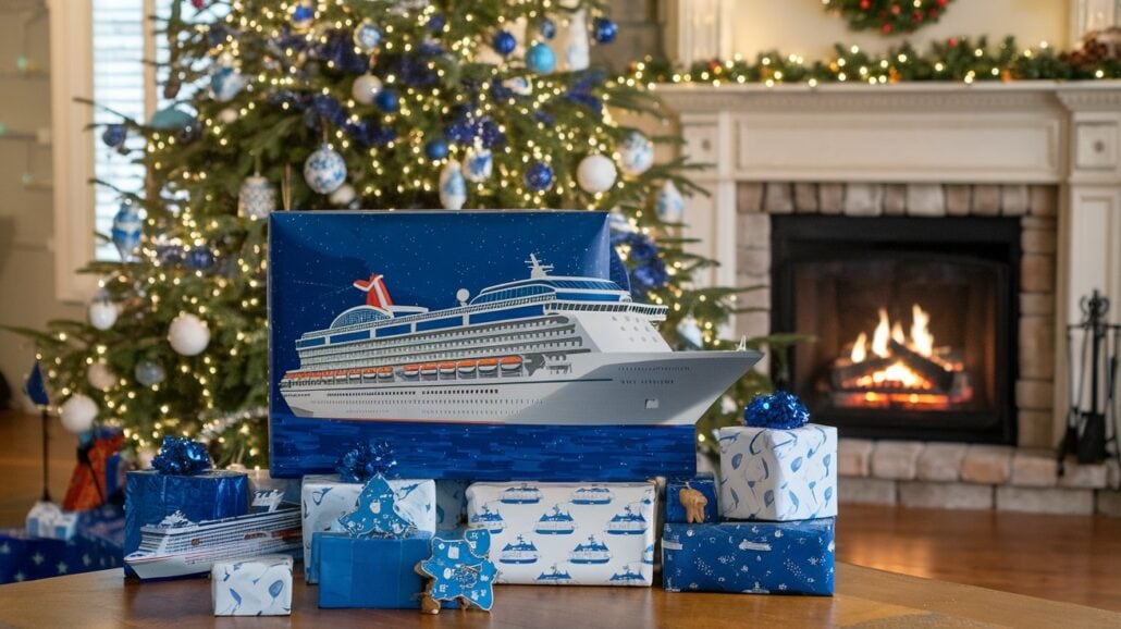 A decorated room features a lit fireplace and a cruise-themed Christmas tree adorned with lights and ornaments. In front of the tree are wrapped gifts, with one prominently featuring an image of a cruise ship. The scene suggests festive Christmas tree ideas for a holiday setting.