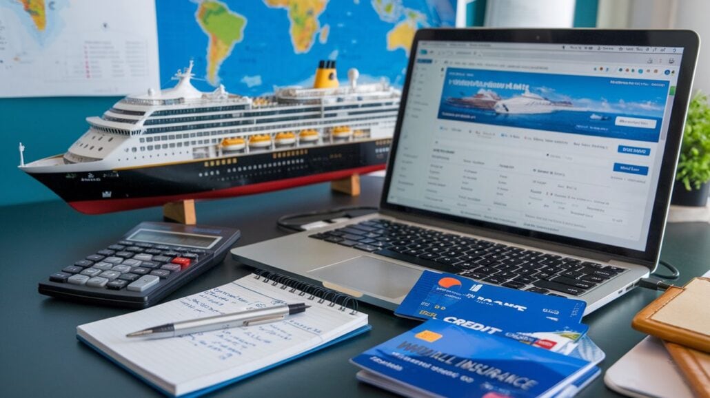 A desk with a laptop showcasing essential tips for cruise booking, alongside a scale model of a cruise ship, a calculator, and credit cards. A notebook and pen lie next to an insurance brochure, all set against a world map on the wall in the background.