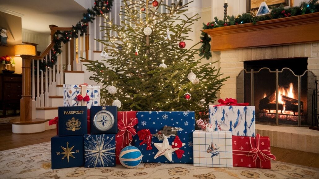 A cozy living room with a lit fireplace and a decorated Christmas tree. Wrapped gifts, showcasing creative gift wrapping ideas with bows, are arranged under the tree. A staircase is adorned with garlands in the background. A globe and book are visible among the presents.