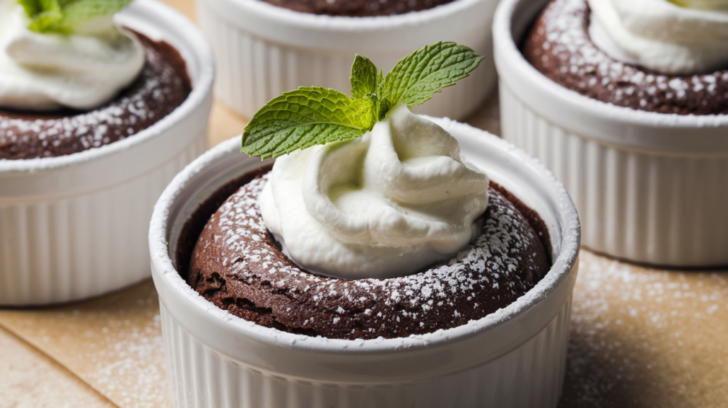 Chocolate soufflés, reminiscent of a Carnival chocolate melting cake, sit in white ramekins with powdered sugar. They are topped with whipped cream and mint leaves, arranged closely on a surface, showcasing an irresistible recipe for dessert lovers.