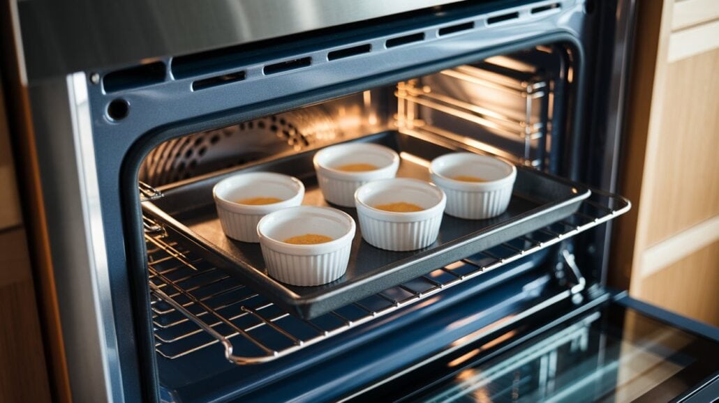 Five ramekins filled with a chocolate mixture are placed on a baking tray inside an oven. The oven is open, and the interior light illuminates the ramekins, which appear to be baking a delicious melting cake—suggesting a warm kitchen environment.