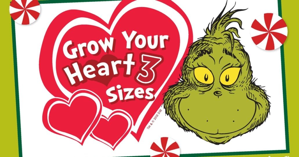 An illustration showcases the Grinch with his trademark green fur and yellow eyes on the right. On the left, a red heart reads "Grow Your Heart 3 Sizes" amidst festive holiday hearts and peppermint decorations, reminiscent of a Carnival Cruise Line experience.