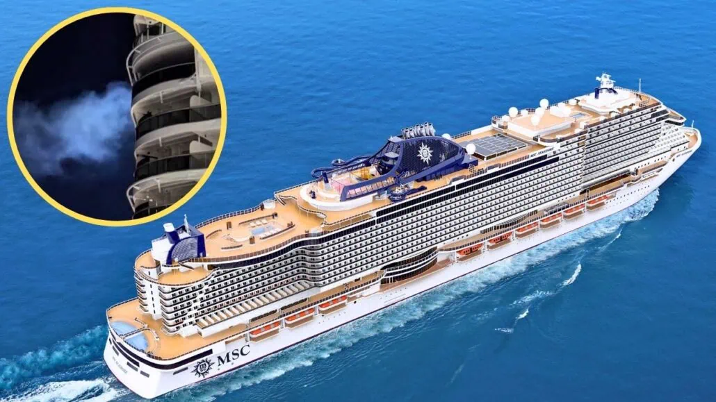 A large MSC Seashore cruise ship sails on the ocean. The inset features a close-up of smoke billowing from one of the ship's smokestacks against the sky, sparking concerns over a possible electrical fire.