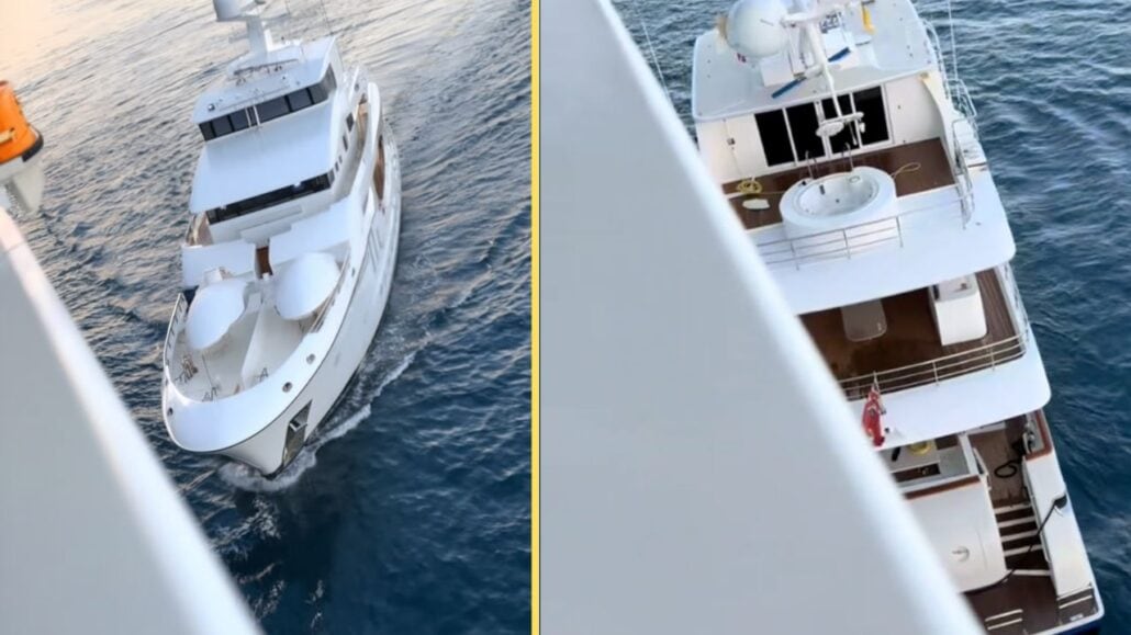 A white yacht glides elegantly on the waters near Nassau, viewed from an elevated perspective. On the left, it approaches with a sleek design, while a top-down view on the right reveals its decks and a person in a red outfit.