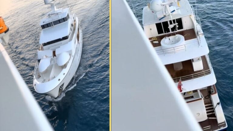 A white yacht glides elegantly on the waters near Nassau, viewed from an elevated perspective. On the left, it approaches with a sleek design, while a top-down view on the right reveals its decks and a person in a red outfit.