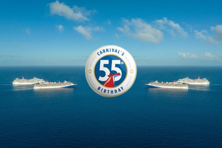 Four cruise ships are sailing on the ocean under a clear blue sky, gathering for a special ocean meetup. In the center, a circular emblem proudly displays the words "Carnival's 55th Birthday.