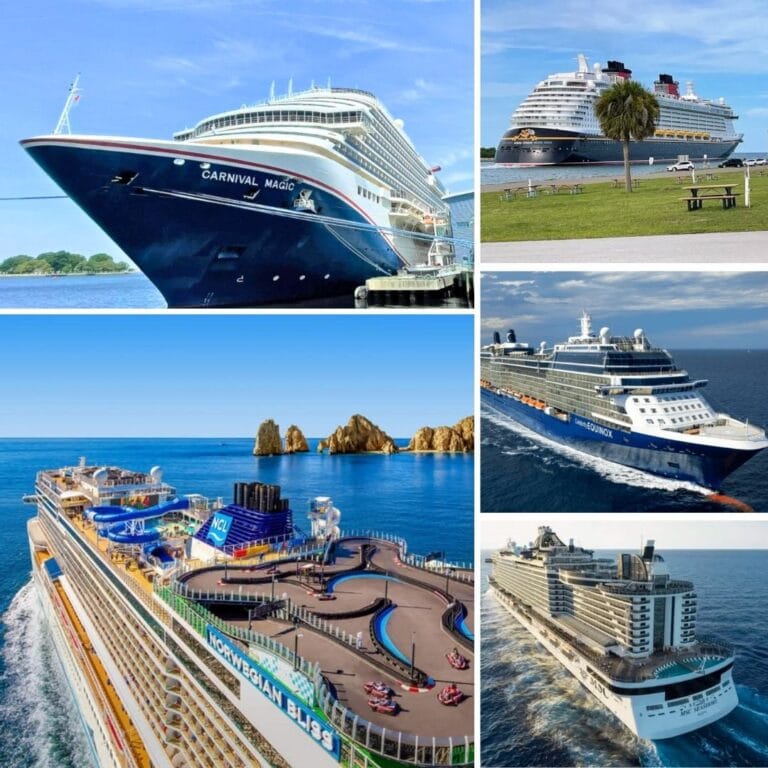 Collage of five impressive cruise ships at sea and docked at a port, set against a clear blue sky. Each ship looks modern and grand, with one showcasing a waterslide on its recreational deck, epitomizing the latest in 2024 luxury cruising standards.