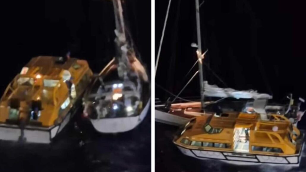 Two boats are depicted at night on the water. The left image shows an orange and white vessel near a stranded yacht with its sails down. The right image captures the same scene from a slightly different angle, highlighting the proximity of the boats.