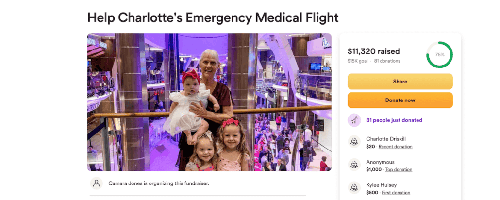 An older person holds a baby, surrounded by three young children in pink, aboard a Royal Caribbean cruise ship departing Galveston. The text on the right highlights an emergency medical flight fundraiser, showing $11,320 raised out of a $15,000 goal with donation details.
