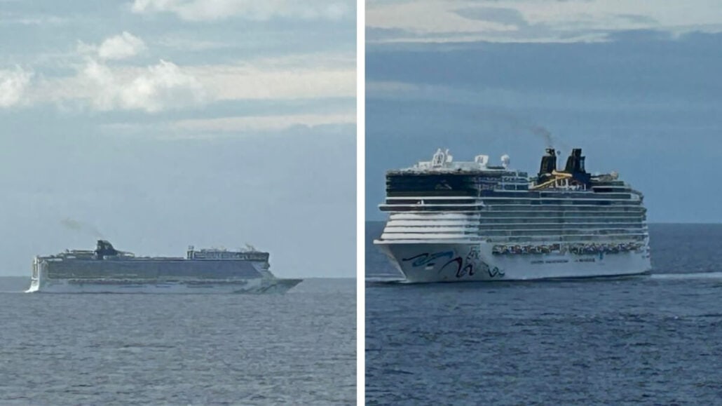 Two side-by-side images of a Norwegian Cruise Line ship at sea. The left image shows the ship from a side angle, while the right captures it from a rear angle. The ocean and a cloudy sky are visible in the background, as if inviting explorers searching for their ultimate getaway to end their quest.