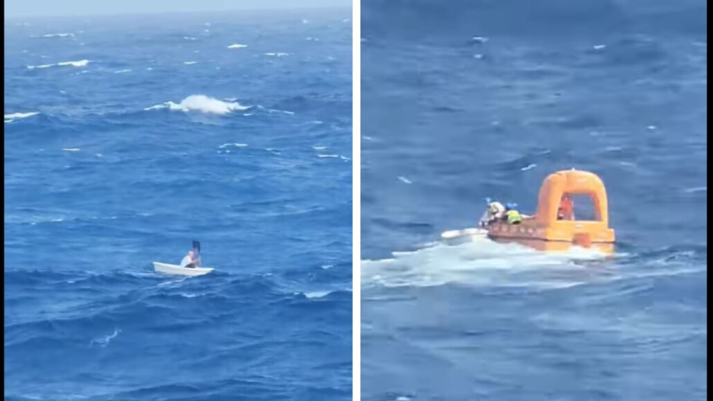 Two side-by-side images of the ocean: the left shows a person in a small white boat being tossed by rough seas, perilously close to capsizing, and the right showcases a larger orange rescue vessel from Celebrity Cruises with several people aboard expertly navigating through the waves.