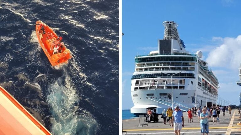 The left side of the image showcases a small orange lifeboat carrying people on the ocean. The right side features a docked Royal Caribbean cruise ship, with crew members and passengers strolling along the pier under a clear blue sky.