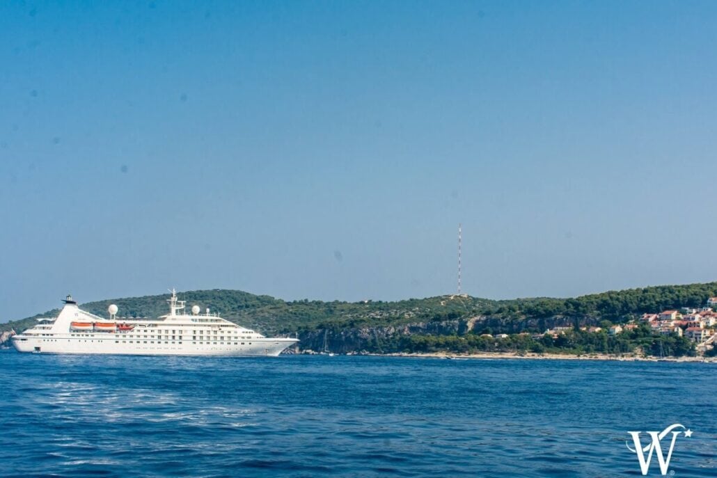 A large white cruise ship, prepared for its 2024 health inspections, sails near a green, hilly coastline under a clear blue sky. The hills are dotted with trees and buildings, with a tall antenna visible in the distance. The calm sea reflects the peaceful atmosphere.