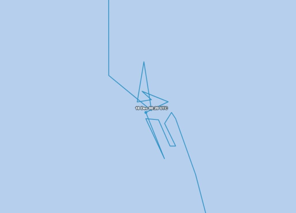 A light blue background features an abstract, angular line drawing resembling a flight path or route, reminiscent of a Royal Caribbean journey, with a highlighted point labeled "18 Dec 00:20 UTC.