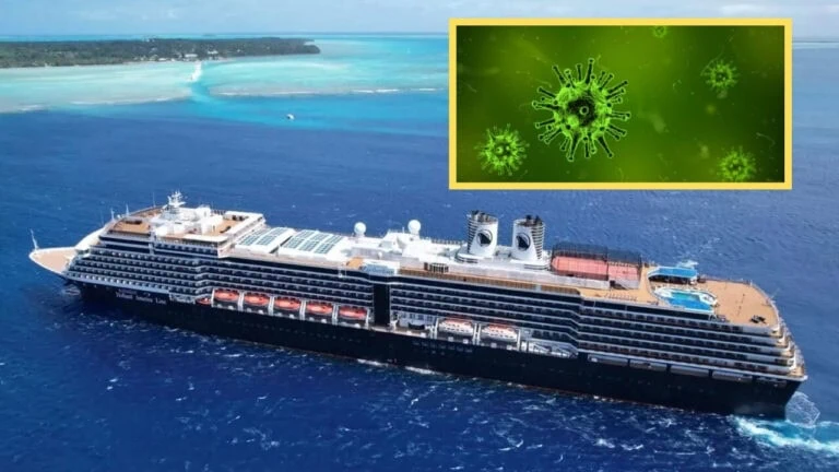 A large cruise ship sails through blue ocean waters near a tropical island. Inset image reveals a digital illustration of a green virus particle, hinting at a Norovirus outbreak. The scene underscores themes of travel and health concerns.