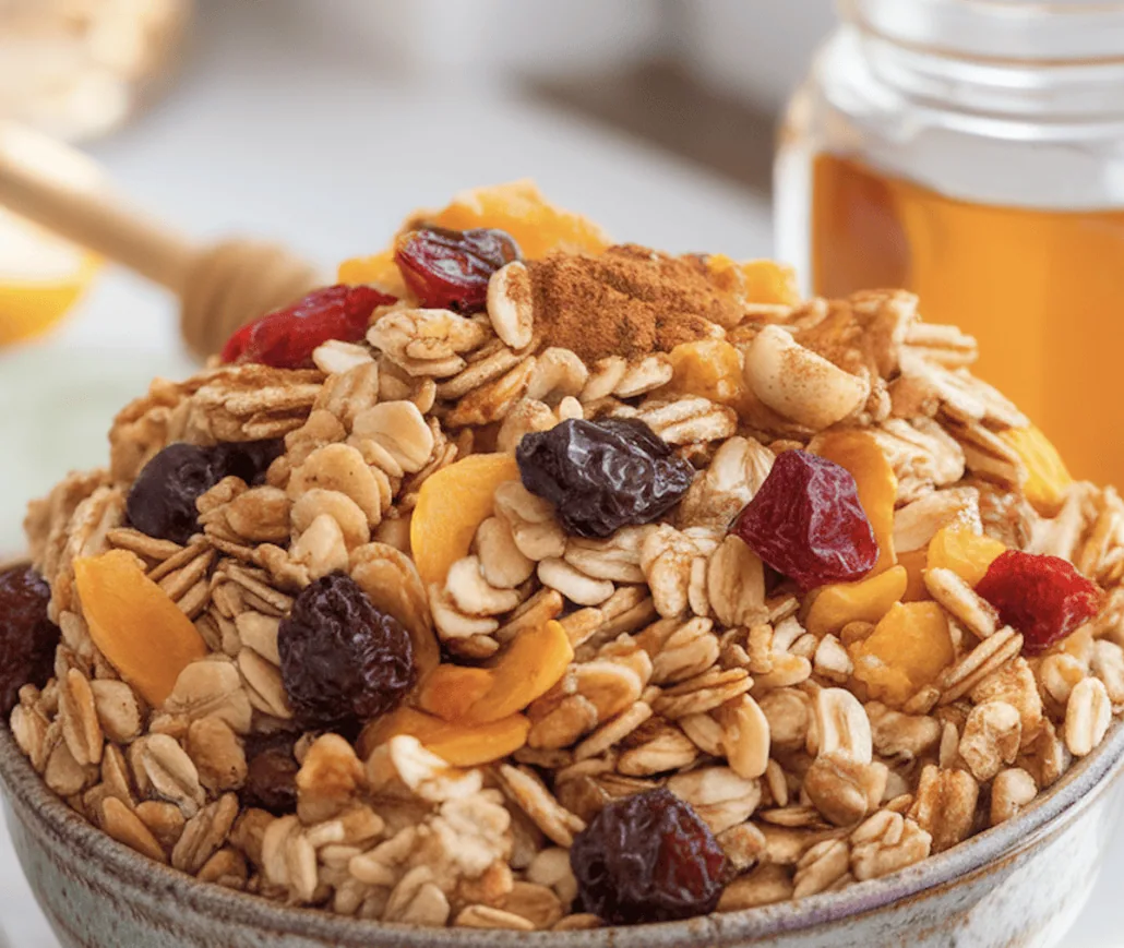 A bowl filled with DIY granola, featuring oats, raisins, dried apricots, and nuts. A jar of honey is visible in the background along with a honey dipper, making it feel like a Carnival Cruise breakfast treat. The granola appears fresh and textured.