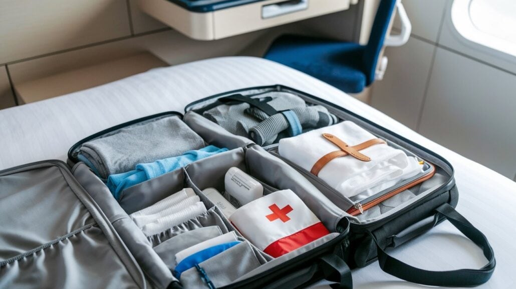 An open travel organizer on a bed showcases a packing list for a 7-day Caribbean cruise, with neatly packed items like clothing, a rolled-up towel, a first aid kit with a red cross, and assorted toiletries. A window and part of a chair are visible in the background.