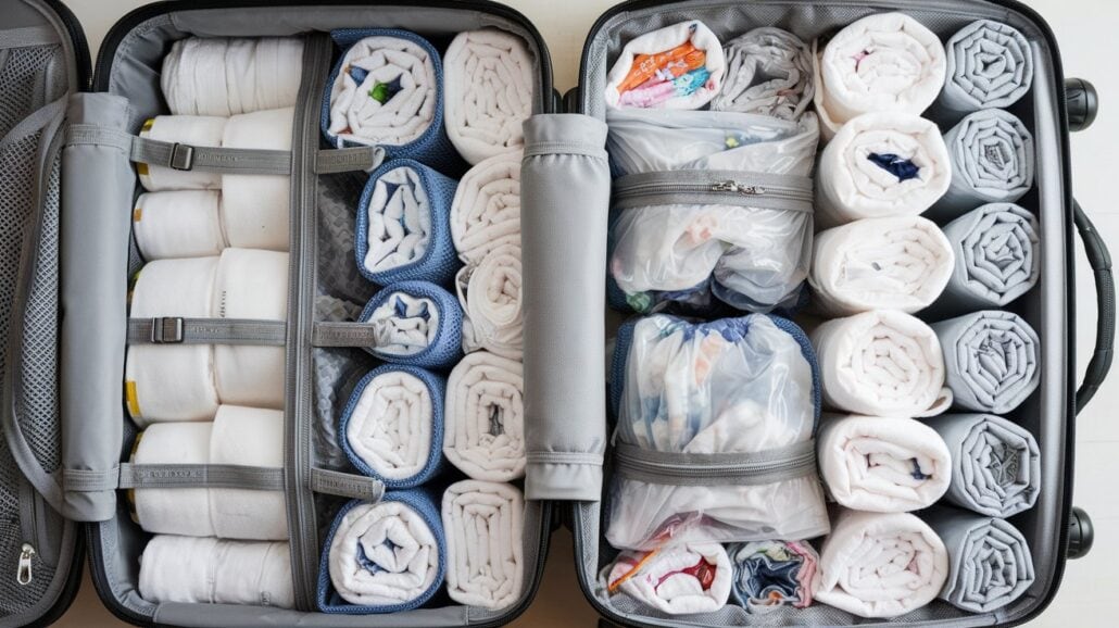 A neatly packed black suitcase, ready for a 7-day cruise, is open, showing organized rolled clothing and essential packing accessories. The interior is divided into compartments and mesh pockets, with some items stored in clear plastic bags. The suitcase sits on a white surface.