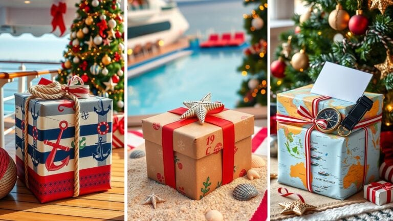 Three festive gift boxes are displayed in a holiday setting. The left box is cruise ship themed with anchors. The middle box, an elegant example of gift wrapping ideas, is wrapped simply with a starfish ornament. The right box features a map design and a black watch, as Christmas trees and lights twinkle in the background.