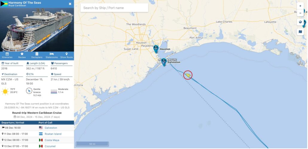 The map displays the location of the Royal Caribbean ship, Harmony of the Seas, near Galveston on the Gulf of Mexico. It features a navigation path, nearby ports, and a sidebar with ship details like speed, destination, itinerary, and updates on any medical emergency.