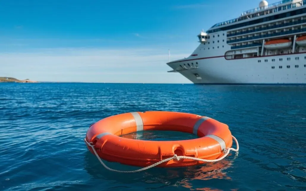 Cruise Ship Man Overboards as a life ring and cruise ship pass by.