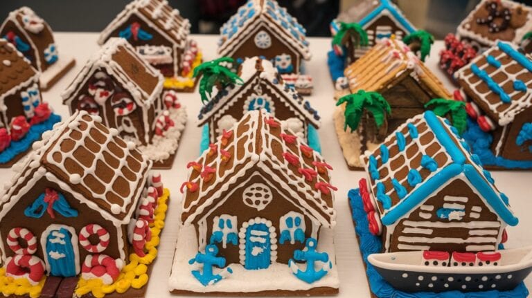 A delightful collection of gingerbread houses decorated with icing captures the spirit of the holidays. Some boast nautical and cruise-themed designs, showcasing anchors and palm trees, while others charm with candy canes and snowflakes. A whimsical gingerbread ship also adorns the table.