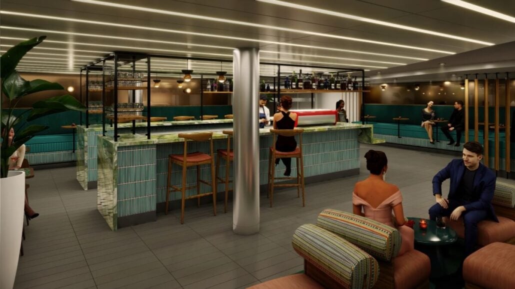 A modern bar with green tiled counters and brown stools invites guests to socialize in style. Service is top-notch, complemented by contemporary lights and cozy seating areas with upholstered chairs and sofas, reminiscent of the refined ambiance found on the Scarlet Lady cruise.