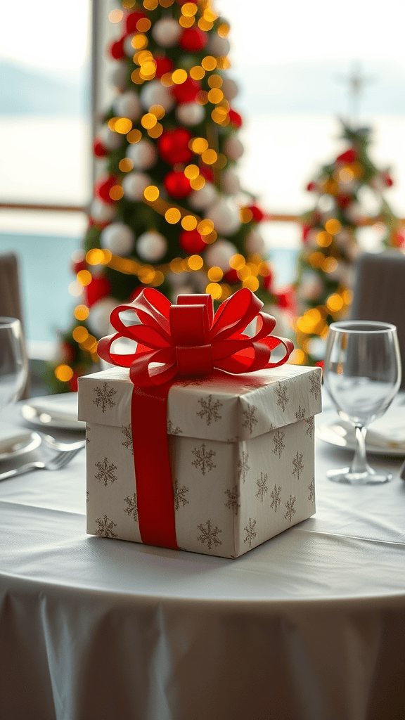 A beautifully wrapped gift with a red ribbon on a table, surrounded by festive decorations.