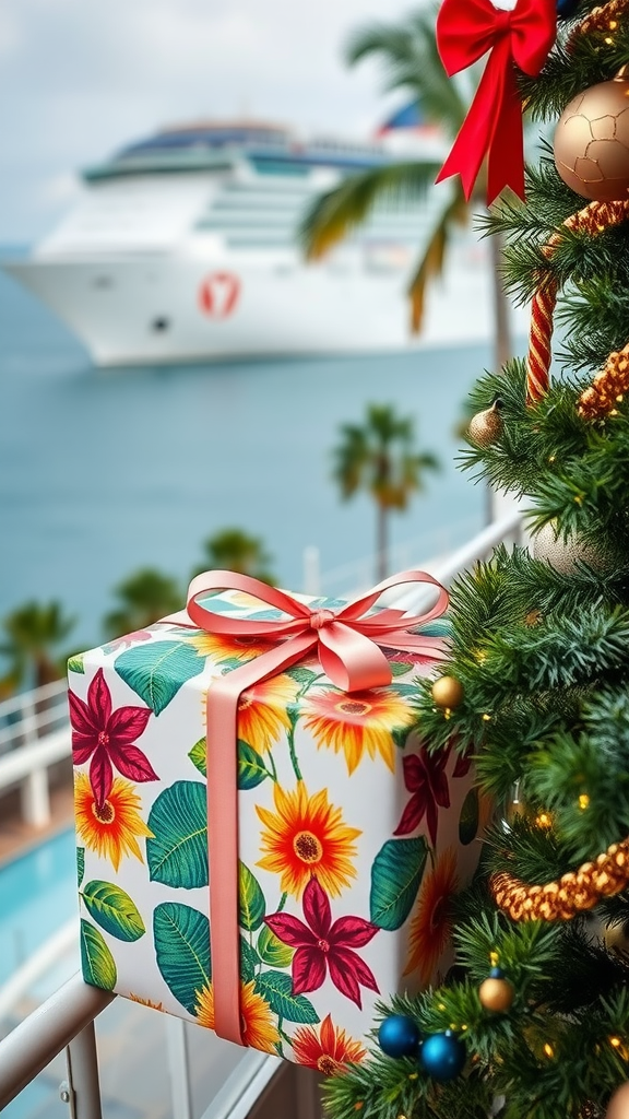 A beautifully wrapped gift in tropical print with a pink bow, placed next to a Christmas tree, with a cruise ship in the background.