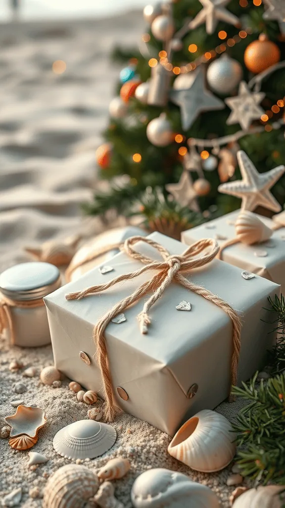 Ocean-inspired gift wrap with seashells and decorations