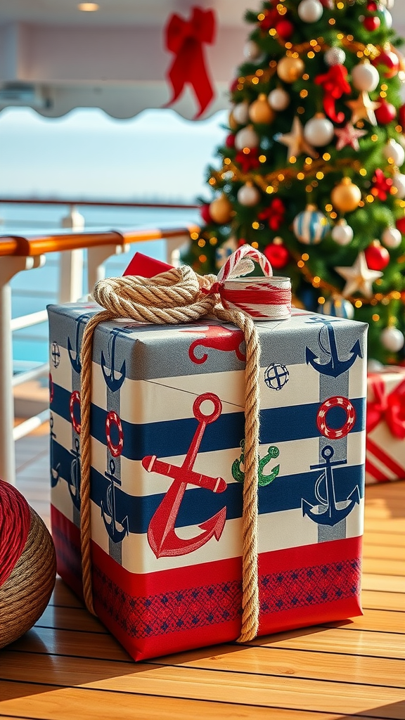 A beautifully wrapped nautical-themed gift box with anchors and stripes, placed on a deck beside a decorated Christmas tree.