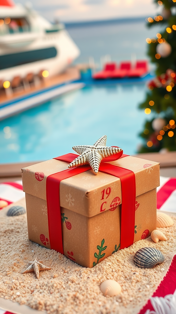 A beautifully wrapped gift with a starfish on top, surrounded by seashells and beach elements.