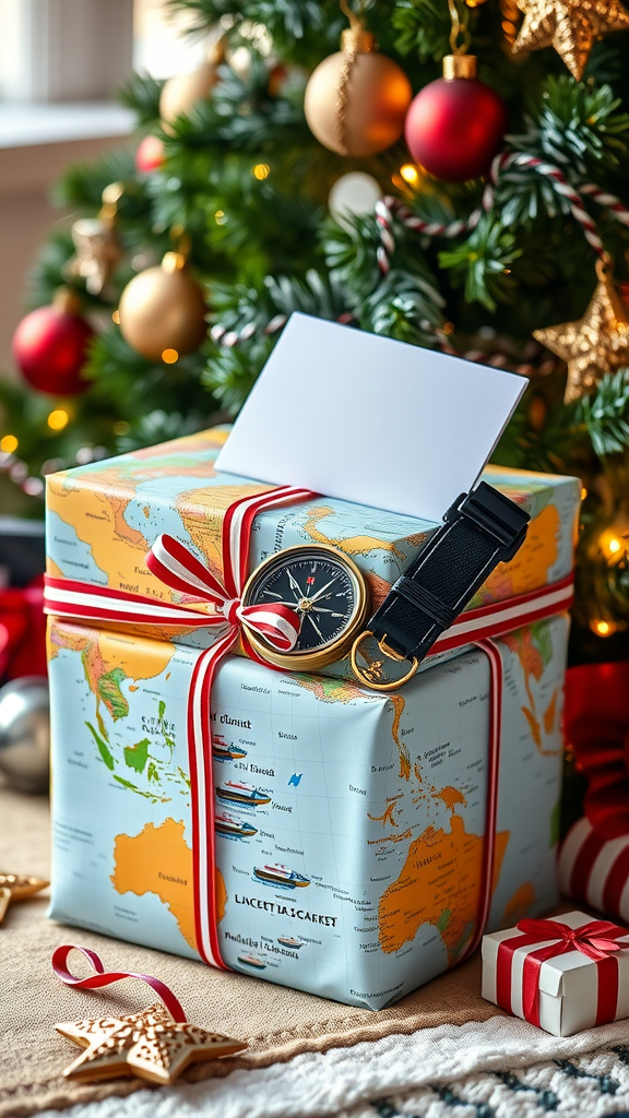 Gift wrapped in a map with a watch and a blank card, surrounded by Christmas decorations.