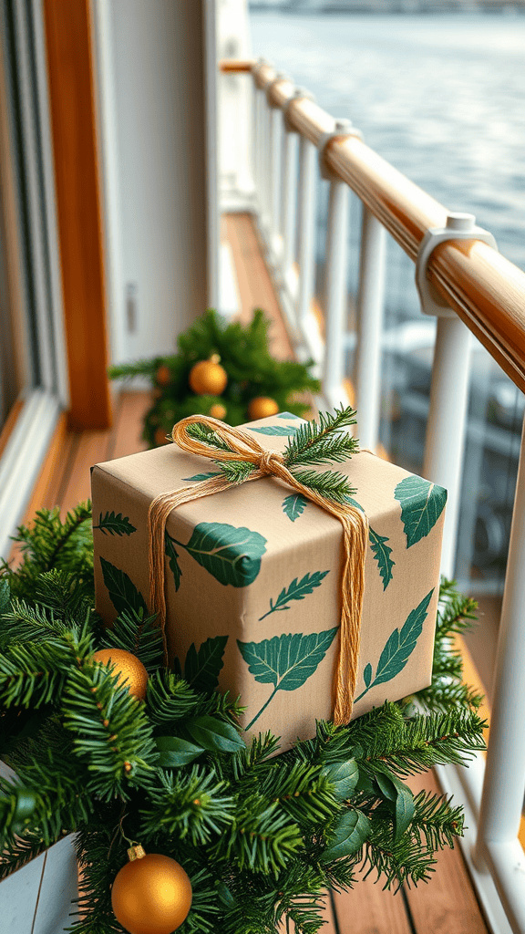A beautifully wrapped gift with leaf patterns, decorated with greenery and a natural twine, placed on a balcony.