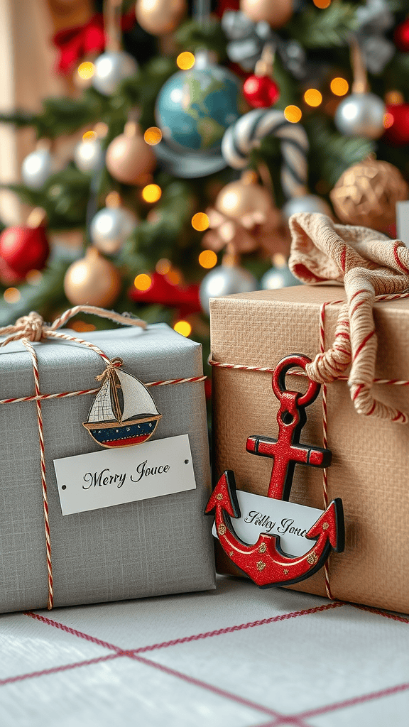 Two gift boxes with nautical-themed tags, one featuring a sailboat and the other an anchor, in front of a decorated Christmas tree.