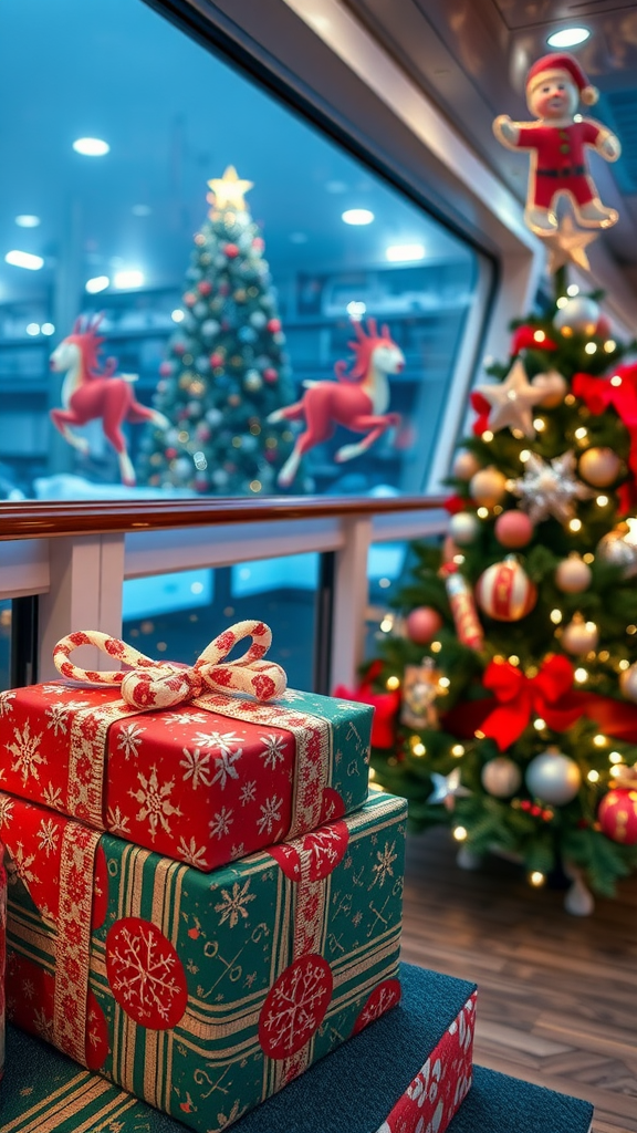Festively wrapped gifts with holiday decorations in a cozy cruise setting.