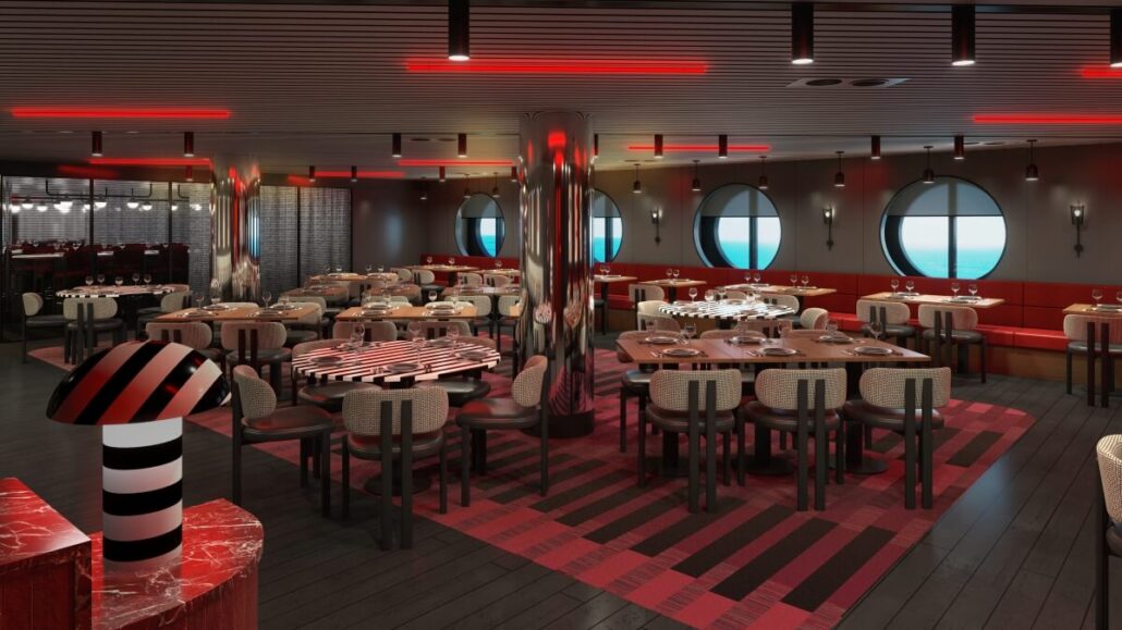 A modern restaurant interior with circular windows and scarlet lighting. Tables are set with plates and glasses, chairs are arranged neatly, echoing the elegance of the Scarlet Lady. Black and red striped decor elements enhance the vibrant ambiance throughout the space.