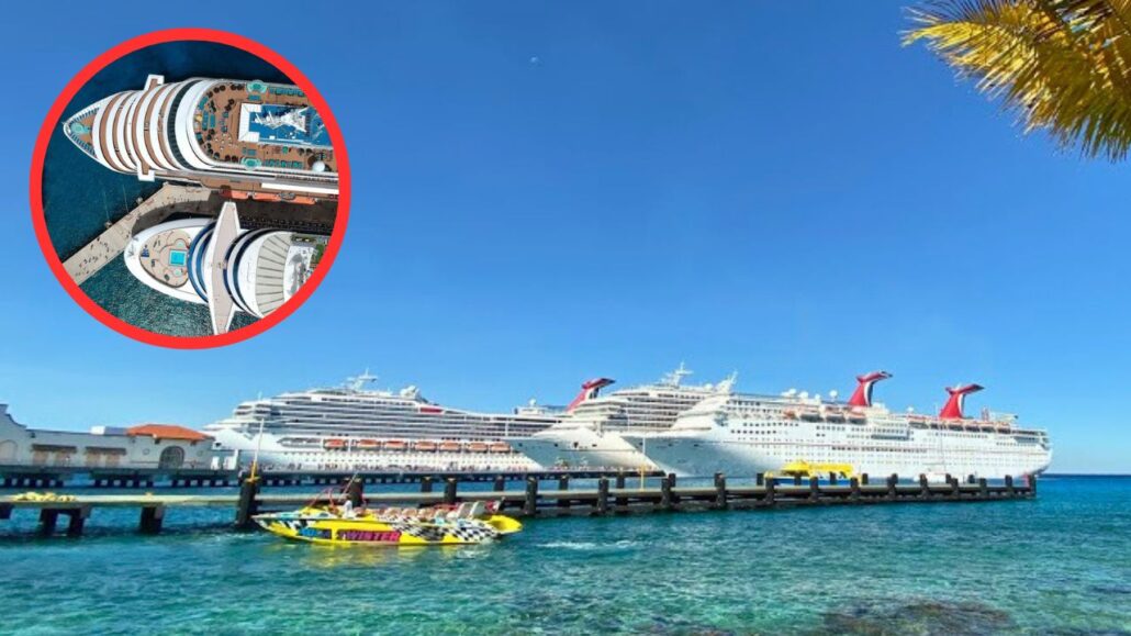 Three large cruise ships are docked at a pier against the vibrant blue sea, possibly en route to Mexico. A yellow speedboat darts nearby under the clear, sunny sky. An inset offers an aerial glimpse of a similar cruise ship with a pool on deck, framed by swaying palm leaves.