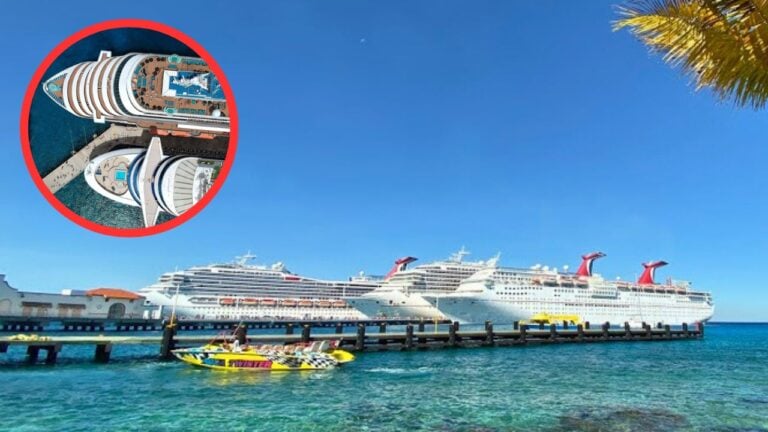 Three large cruise ships are docked at a pier against the vibrant blue sea, possibly en route to Mexico. A yellow speedboat darts nearby under the clear, sunny sky. An inset offers an aerial glimpse of a similar cruise ship with a pool on deck, framed by swaying palm leaves.