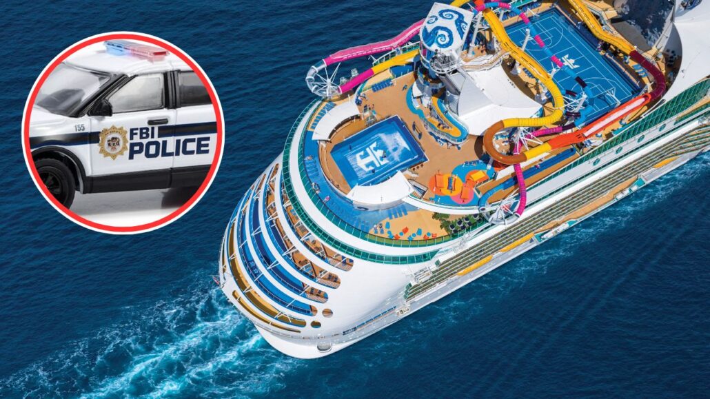 Aerial view of the Royal Caribbean cruise ship Navigator of the Seas, featuring multiple decks and colorful water slides gliding through the ocean. Inset shows a close-up of an FBI Police car.