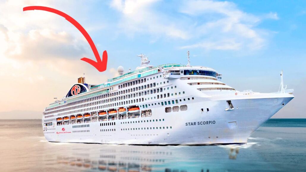 A large white cruise ship named "Star Scorpio" resembles a luxury vessel from P&O Cruises Australia as it sails on calm waters. The ship features multiple decks, lifeboats, and a swimming pool area highlighted by a red arrow under the partly cloudy sky.