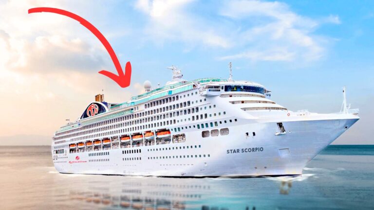 A large white cruise ship named "Star Scorpio" resembles a luxury vessel from P&O Cruises Australia as it sails on calm waters. The ship features multiple decks, lifeboats, and a swimming pool area highlighted by a red arrow under the partly cloudy sky.