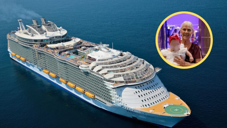 A large Royal Caribbean cruise ship sails on the ocean, departing from Galveston, with multiple decks and amenities visible. An inset circle shows an elderly person holding a baby indoors, possibly suggesting a scene prepared for any medical emergency that could arise on board.