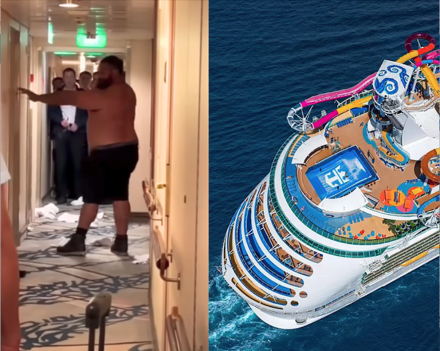 Left side: A shirtless man stands in a cruise ship hallway, drawing curious glances from suited crew members. Right side: An aerial view showcases the vibrant cruise ship at sea, complete with a lively pool and colorful slides adorning the deck.