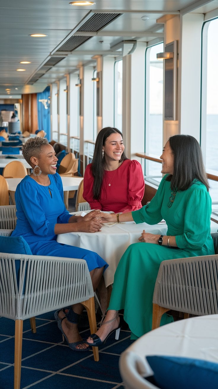 Three women are seated at a table in a brightly lit room with large windows. They are smiling and engaged in cruise planning. The woman on the left is wearing a blue dress, the middle one a red dress, and the right one a green dress.