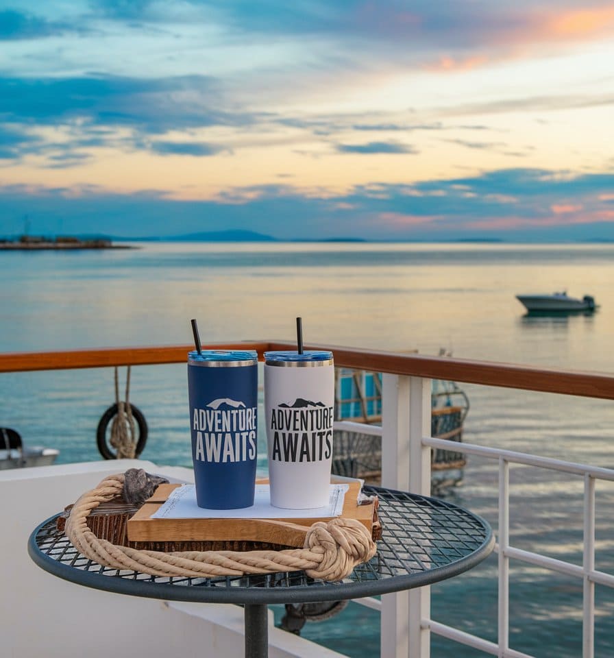 Two travel mugs with "Adventure Awaits" printed on them sit on a round metal table on a ship's deck, perfect for your family cruise tumbler collection. A coiled rope and a piece of wood rest beside them, while the calm sea and sunset sky with scattered clouds paint a serene backdrop.