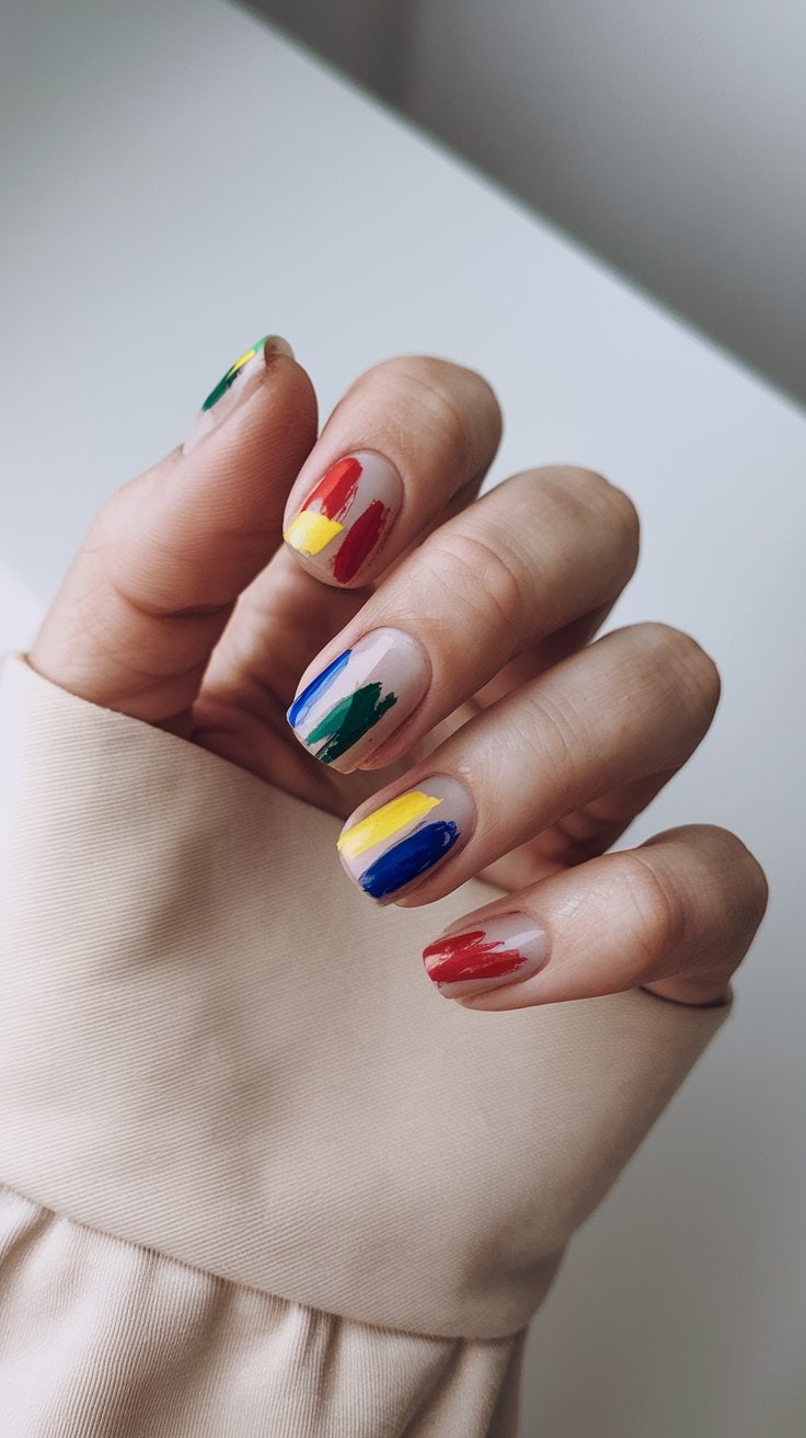 A hand with fingers adorned in a chic nail design, featuring nails painted with colorful brush strokes in red, blue, yellow, and green. The hand rests against a neutral background and is partially covered by a beige sleeve, ready to elevate your style effortlessly.