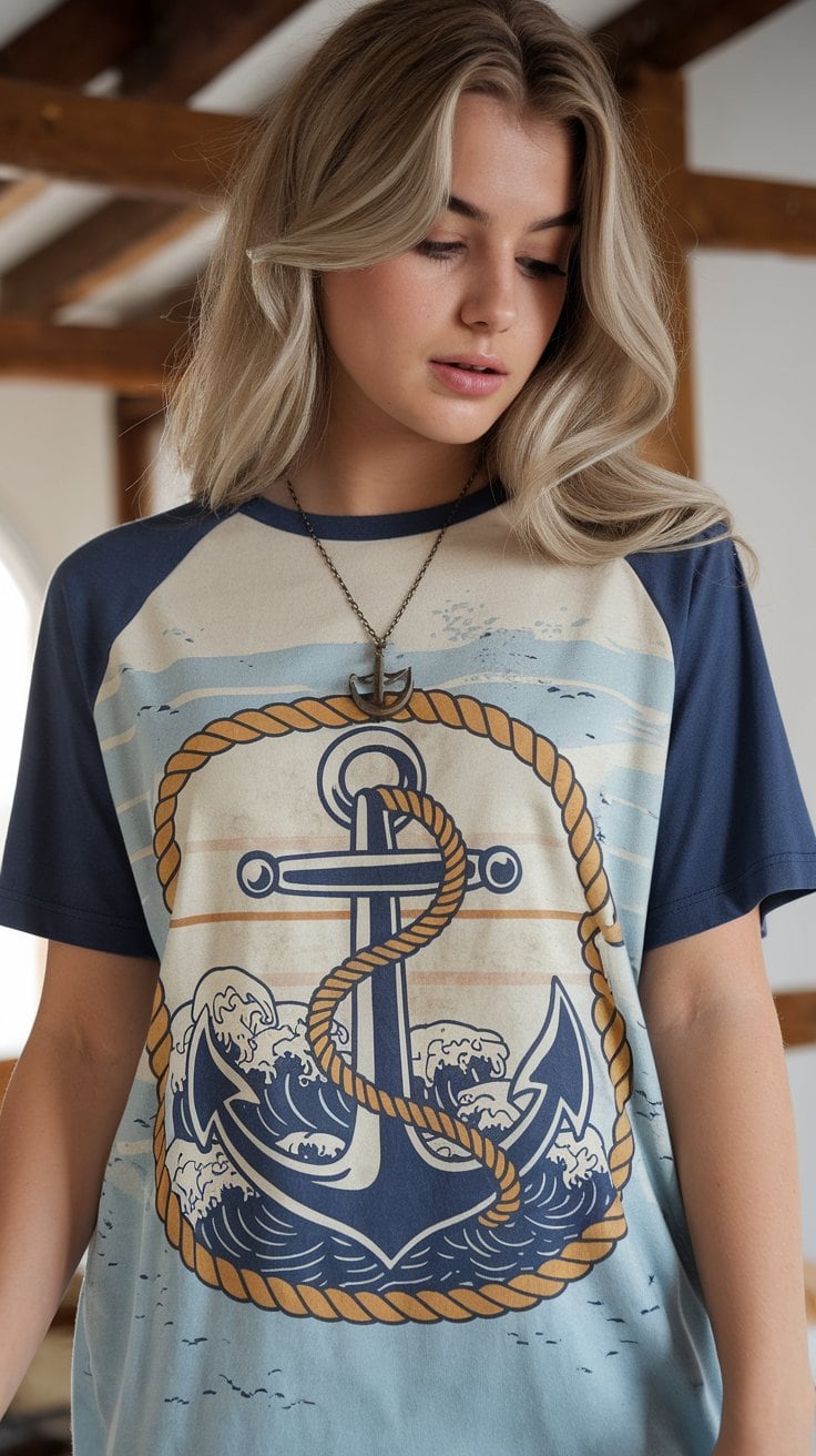 A person with long hair is wearing a blue and cream T-shirt featuring an anchor design surrounded by rope and waves—one of the creative cruise shirts perfect for sparking imagination. They are indoors, standing in front of wooden beams and an arched window.
