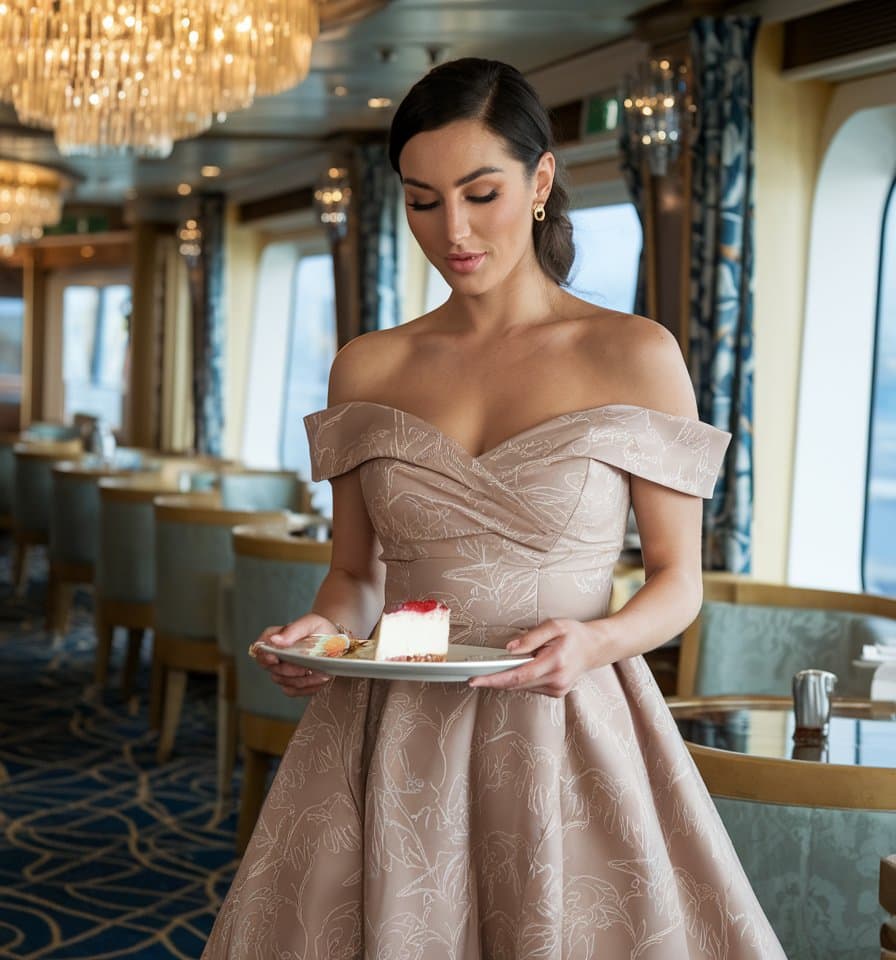 A woman in an elegant off-the-shoulder gown, perfect for cruise outfits for women, holds a plate with a slice of cake in an upscale dining room. The room features chandeliers, round tables with teal chairs, and a patterned carpet.